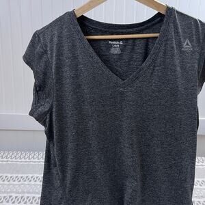 Reebok L Athletic V-Neck Tunic Top Gray Marled Performance Short Sleeve Women's